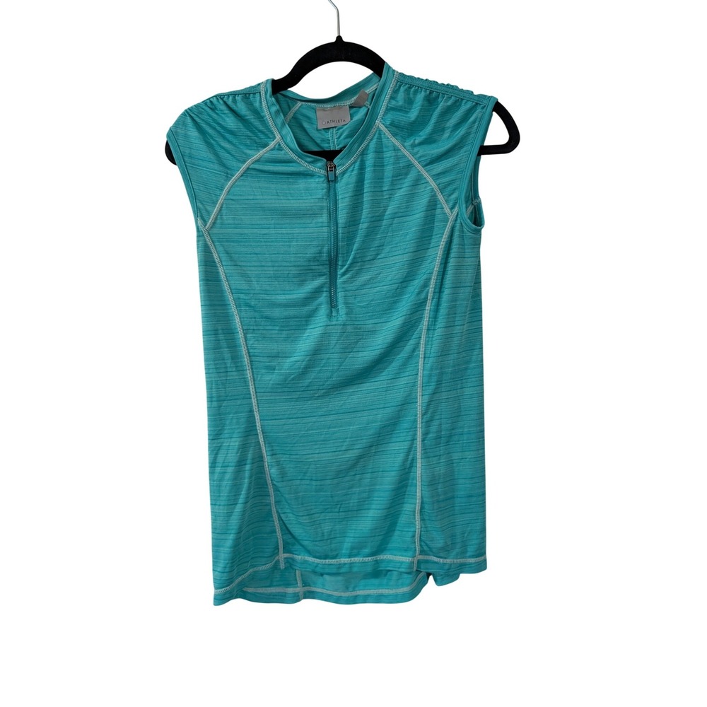 Athleta Cycling Jersey Women Small Teal Blue Space Dye Quarter Zip Sleeveless